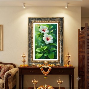 White Hibiscus Flowers Decorative Photo Frame With White Mount | Premium Wall & Tabletop Picture Frame | Home, Office & Temple Decoration | 8x12 Inch (Pack Of 1) (F32641)