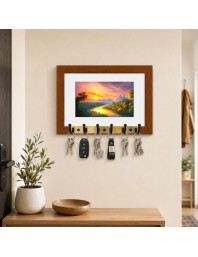 Decorative Wooden Photo Frame Key Hanger With Nature Picture, 12 X 8 Inch Wall Key Holder, 10 X 6 Inch Glossy Photo Frame, 6 Metal Hooks, Home Entrance Decor, Made In India (F38726)