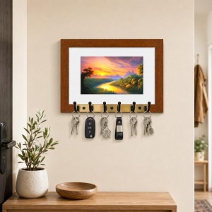 Decorative Wooden Photo Frame Key Hanger With Nature Picture, 12 X 8 Inch Wall Key Holder, 10 X 6 Inch Glossy Photo Frame, 6 Metal Hooks, Home Entrance Decor, Made In India (F38726)