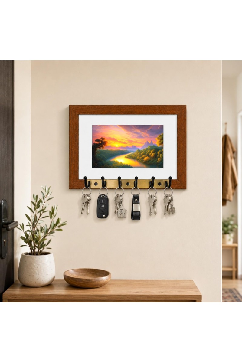 Decorative Wooden Photo Frame Key Hanger With Nature Picture, 12 X 8 Inch Wall Key Holder, 10 X 6 Inch Glossy Photo Frame, 6 Metal Hooks, Home Entrance Decor, Made In India (F38726)