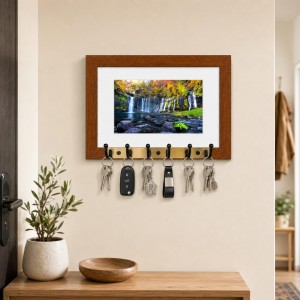 Decorative Wooden Photo Frame Key Hanger With Nature Picture, 12 X 8 Inch Wall Key Holder, 10 X 6 Inch Glossy Photo Frame, 6 Metal Hooks, Home Entrance Decor, Made In India (F38933)