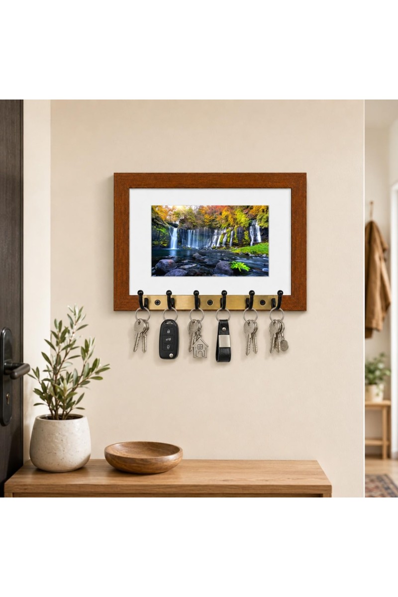 Decorative Wooden Photo Frame Key Hanger With Nature Picture, 12 X 8 Inch Wall Key Holder, 10 X 6 Inch Glossy Photo Frame, 6 Metal Hooks, Home Entrance Decor, Made In India (F38933)