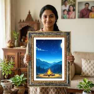 Moonlit Campsite Decorative Photo Frame With White Mount | Premium Wall & Tabletop Picture Frame | Home, Office & Temple Decoration | 8x12 Inch (Pack Of 1) (F33027)