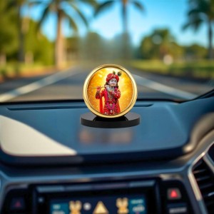 Car Dashboard/Table Top Lord Krishna Metal Golden Photo Stand 2x2 Inches, Compact & Stylish Spiritual Display For Car, Home & Office (Pack Of 1) (F24799)