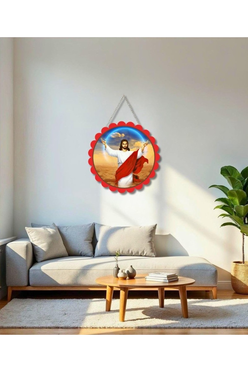 Lord Jesus Wall Hanging Photo Frame | 8 Inch Round Floral Design With Golden Hanging Chain | Decorative Religious Wall Decor For Home, Office, Temple & Pooja Room (F21898)