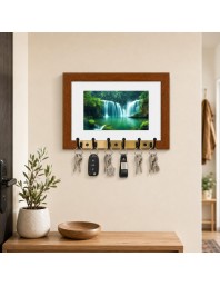 Decorative Wooden Photo Frame Key Hanger With Nature Picture, 12 X 8 Inch Wall Key Holder, 10 X 6 Inch Glossy Photo Frame, 6 Metal Hooks, Home Entrance Decor, Made In India (F38784)