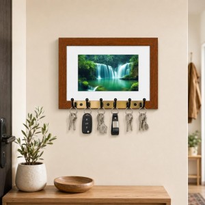 Decorative Wooden Photo Frame Key Hanger With Nature Picture, 12 X 8 Inch Wall Key Holder, 10 X 6 Inch Glossy Photo Frame, 6 Metal Hooks, Home Entrance Decor, Made In India (F38784)