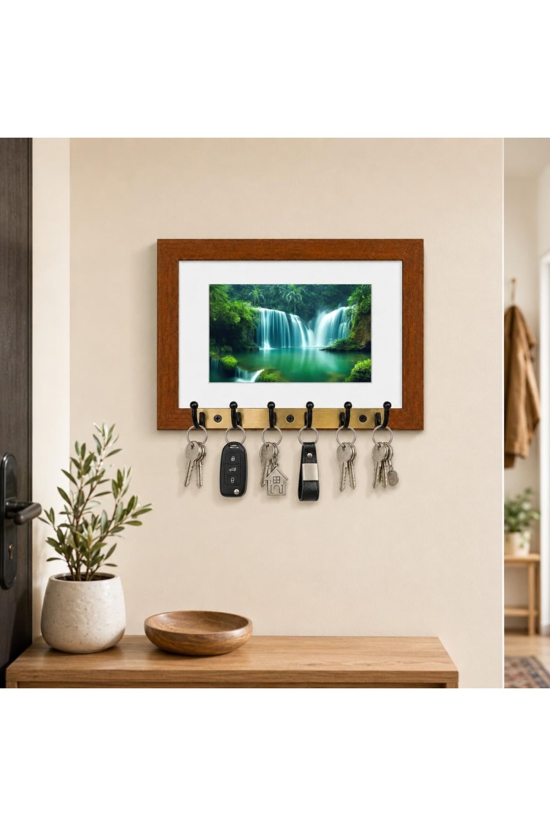 Decorative Wooden Photo Frame Key Hanger With Nature Picture, 12 X 8 Inch Wall Key Holder, 10 X 6 Inch Glossy Photo Frame, 6 Metal Hooks, Home Entrance Decor, Made In India (F38784)