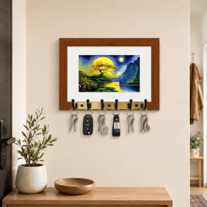 Decorative Wooden Photo Frame Key Hanger With Nature Picture, 12 X 8 Inch Wall Key Holder, 10 X 6 Inch Glossy Photo Frame, 6 Metal Hooks, Home Entrance Decor, Made In India (F38844)