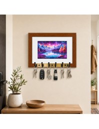 Decorative Wooden Photo Frame Key Hanger With Nature Picture, 12 X 8 Inch Wall Key Holder, 10 X 6 Inch Glossy Photo Frame, 6 Metal Hooks, Home Entrance Decor, Made In India (F38910)