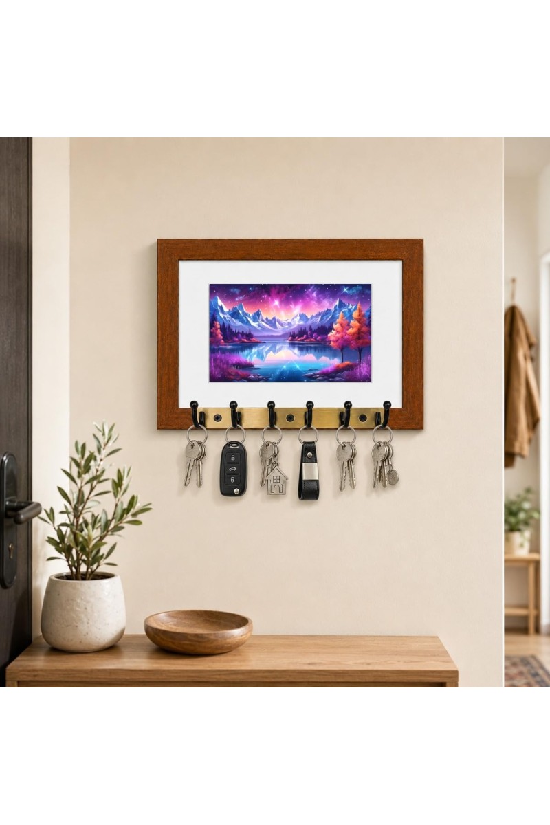 Decorative Wooden Photo Frame Key Hanger With Nature Picture, 12 X 8 Inch Wall Key Holder, 10 X 6 Inch Glossy Photo Frame, 6 Metal Hooks, Home Entrance Decor, Made In India (F38910)