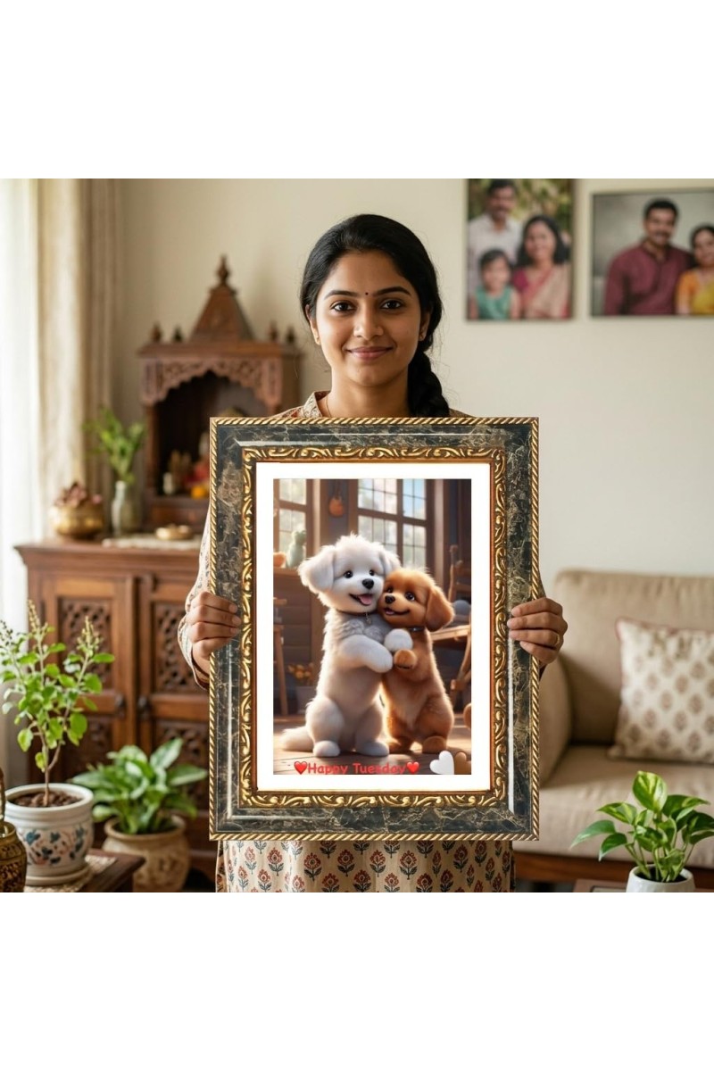 Two Puppies Decorative Photo Frame With White Mount | Premium Wall & Tabletop Picture Frame | Home, Office & Temple Decoration | 8x12 Inch (Pack Of 1) (F32592)