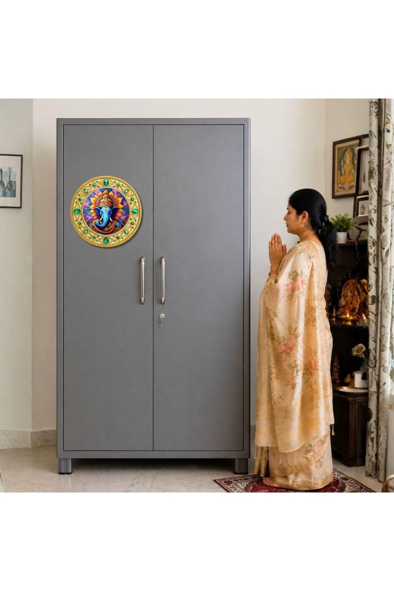 Lord Ganeshaa Fridge Magnet Wooden | Glossy Sublimation Print | 4x4 Inch | Strong Magnet Back | Decorative Magnet for Fridge, Almirah & Temple Decor (F23744)