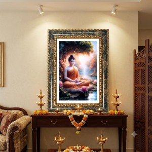 Buddha Meditation Decorative Photo Frame With White Mount | Premium Wall & Tabletop Picture Frame | Home, Office & Temple Decoration | 8x12 Inch (Pack Of 1) (F32992)