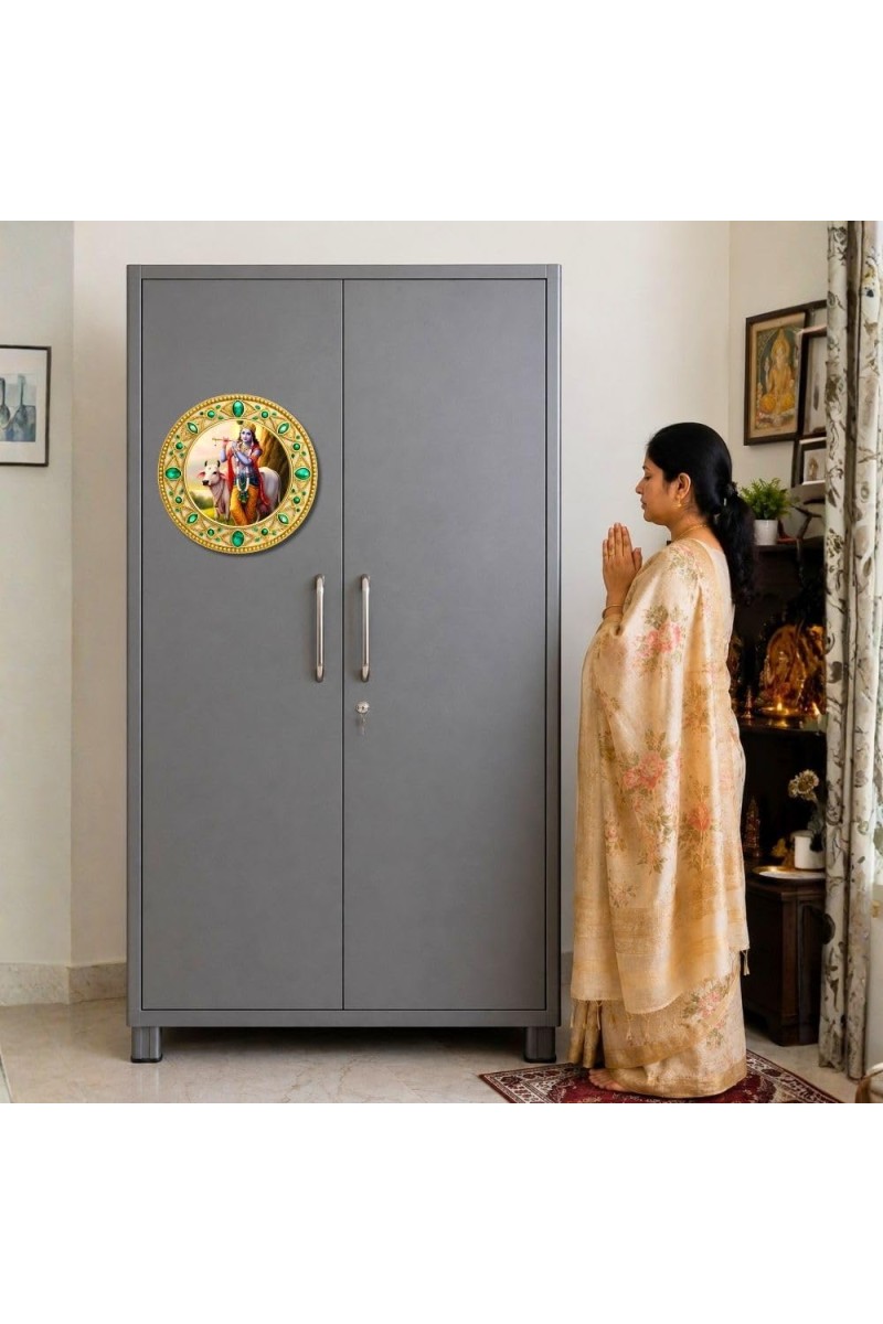 Lord Krishna Fridge Magnet Wooden | Glossy Sublimation Print | 4x4 Inch | Strong Magnet Back | Decorative Magnet for Fridge, Almirah & Temple Decor (F23777)