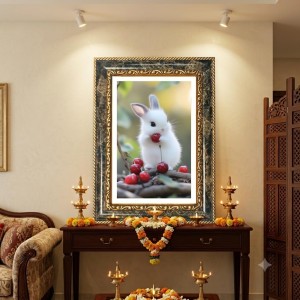 White Rabbit Holding A Red Cherry Decorative Photo Frame With White Mount | Premium Wall & Tabletop Picture Frame | Home, Office & Temple Decoration | 8x12 Inch (Pack Of 1) (F32445)