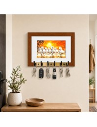 Decorative Wooden Photo Frame Key Hanger With Nature Picture, 12 X 8 Inch Wall Key Holder, 10 X 6 Inch Glossy Photo Frame, 6 Metal Hooks, Home Entrance Decor, Made In India (F38777)