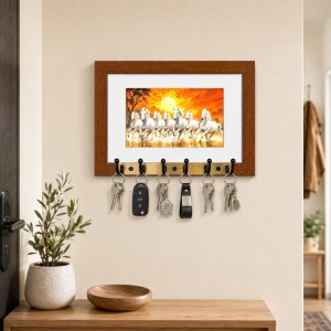 Decorative Wooden Photo Frame Key Hanger With Nature Picture, 12 X 8 Inch Wall Key Holder, 10 X 6 Inch Glossy Photo Frame, 6 Metal Hooks, Home Entrance Decor, Made In India (F38777)
