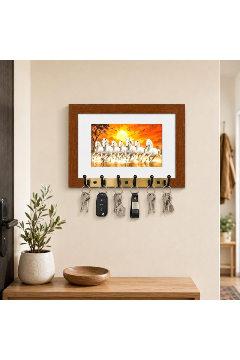 Decorative Wooden Photo Frame Key Hanger With Nature Picture, 12 X 8 Inch Wall Key Holder, 10 X 6 Inch Glossy Photo Frame, 6 Metal Hooks, Home Entrance Decor, Made In India (F38777)