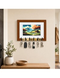 Decorative Wooden Photo Frame Key Hanger With Nature Picture, 12 X 8 Inch Wall Key Holder, 10 X 6 Inch Glossy Photo Frame, 6 Metal Hooks, Home Entrance Decor, Made In India (F38815)