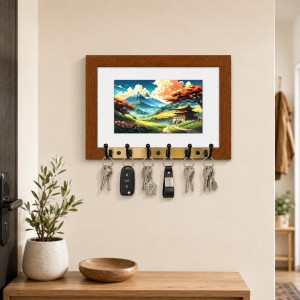 Decorative Wooden Photo Frame Key Hanger With Nature Picture, 12 X 8 Inch Wall Key Holder, 10 X 6 Inch Glossy Photo Frame, 6 Metal Hooks, Home Entrance Decor, Made In India (F38815)