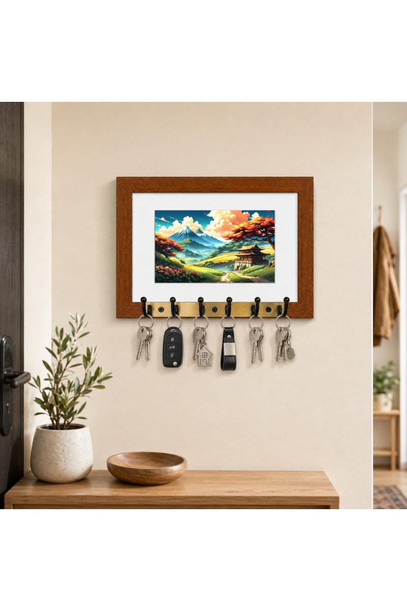 Decorative Wooden Photo Frame Key Hanger With Nature Picture, 12 X 8 Inch Wall Key Holder, 10 X 6 Inch Glossy Photo Frame, 6 Metal Hooks, Home Entrance Decor, Made In India (F38815)
