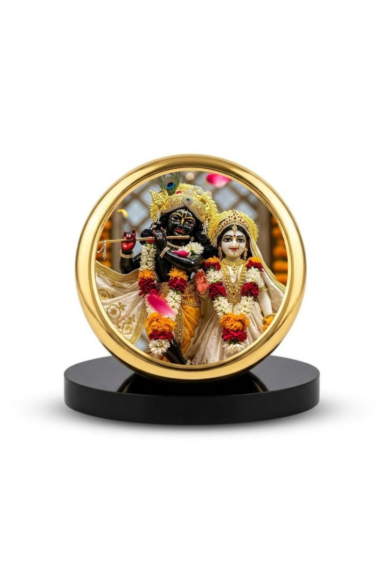 Car Dashboard/Table Top Radhaa Krishna Metal Golden Photo Stand 2x2 Inches, Compact & Stylish Spiritual Display For Car, Home & Office (Pack Of 1) (F24529)