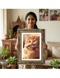 Kitten Cuddling A Chick Decorative Photo Frame With White Mount | Premium Wall & Tabletop Picture Frame | Home, Office & Temple Decoration | 8x12 Inch (Pack Of 1) (F32608)