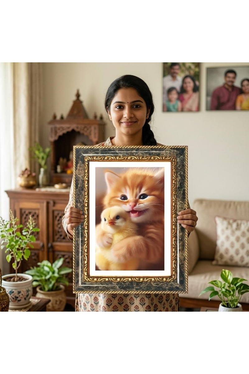 Kitten Cuddling A Chick Decorative Photo Frame With White Mount | Premium Wall & Tabletop Picture Frame | Home, Office & Temple Decoration | 8x12 Inch (Pack Of 1) (F32608)