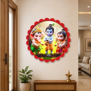Lord Little Krishna And Ganesha And Hanuman Wall Hanging Photo Frame | 8 Inch Round Floral Design With Golden Hanging Chain | Decorative Religious Wall Decor For Home, Office, Temple & Pooja Room (F21 Lord Little Krishna And Ganesha And Hanuman Wall Hanging Photo Frame | 8 Inch Round Floral Design With Golden Hanging Chain | Decorative Religious Wall Decor For Home, Office, Temple & Pooja Room (F21