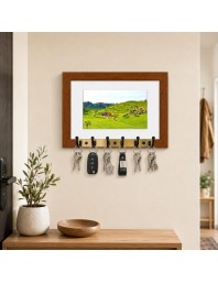 Decorative Wooden Photo Frame Key Hanger With Nature Picture, 12 X 8 Inch Wall Key Holder, 10 X 6 Inch Glossy Photo Frame, 6 Metal Hooks, Home Entrance Decor, Made In India (F38801)