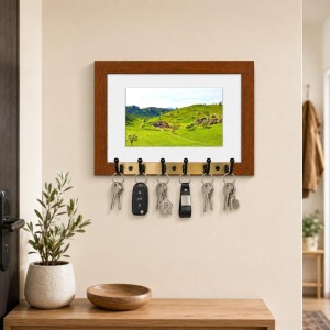 Decorative Wooden Photo Frame Key Hanger With Nature Picture, 12 X 8 Inch Wall Key Holder, 10 X 6 Inch Glossy Photo Frame, 6 Metal Hooks, Home Entrance Decor, Made In India (F38801)