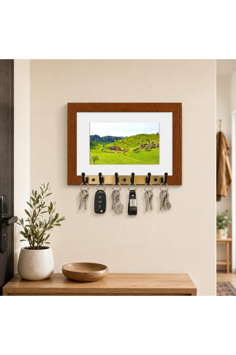 Decorative Wooden Photo Frame Key Hanger With Nature Picture, 12 X 8 Inch Wall Key Holder, 10 X 6 Inch Glossy Photo Frame, 6 Metal Hooks, Home Entrance Decor, Made In India (F38801)