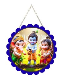 Lord Little Krishna And Ganesha And Hanuman Wall Hanging Photo Frame | 8 Inch Round Floral Design With Golden Hanging Chain | Decorative Religious Wall Decor For Home, Office, Temple & Pooja Room (F21