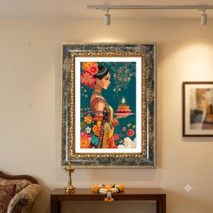 Woman Holding A Diya. Decorative Photo Frame With White Mount | Premium Wall & Tabletop Picture Frame | Home, Office & Temple Decoration | 10x14 Inch (Pack Of 1) (F33148)