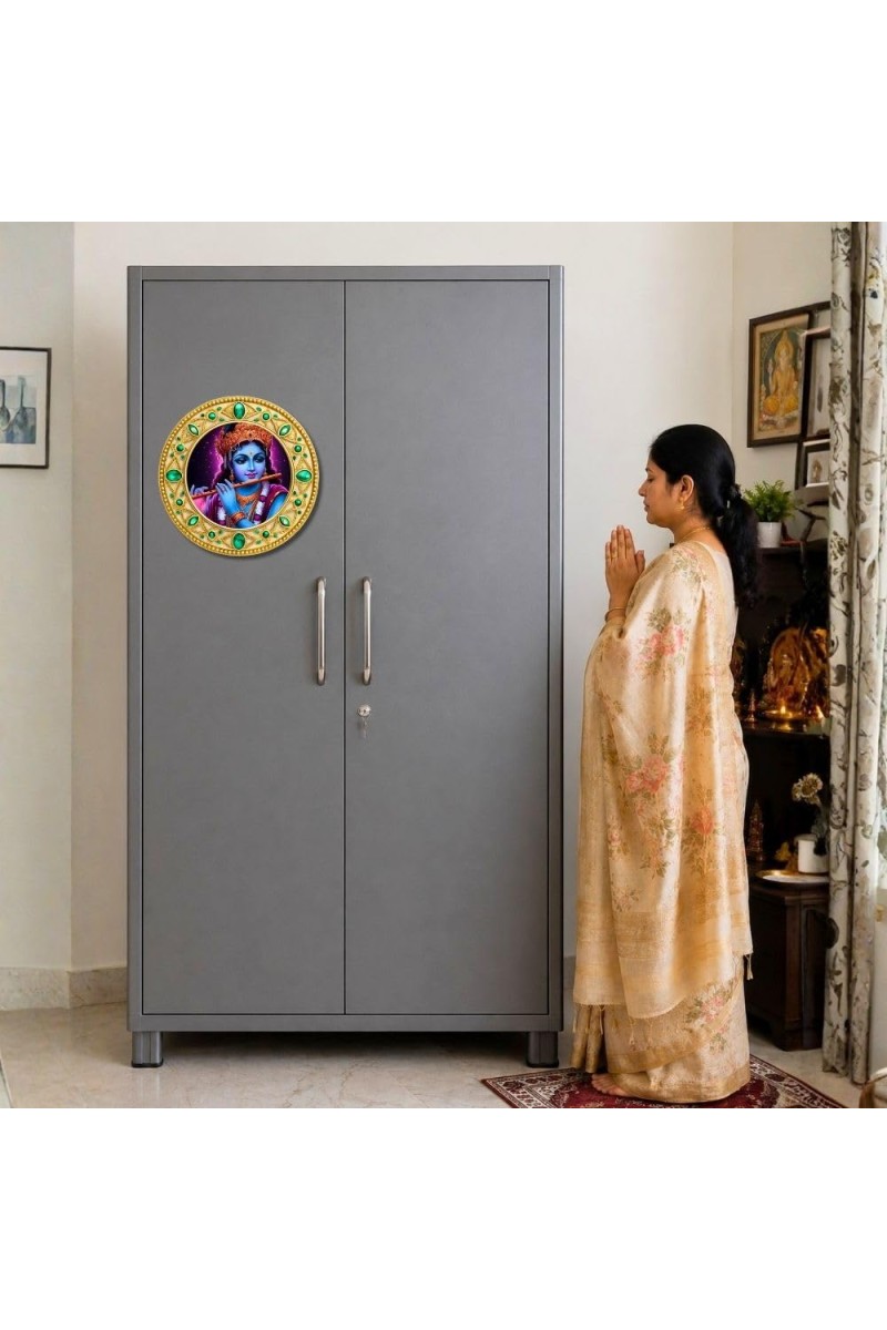 Lord Krishna Fridge Magnet Wooden | Glossy Sublimation Print | 4x4 Inch | Strong Magnet Back | Decorative Magnet for Fridge, Almirah & Temple Decor (F23792)
