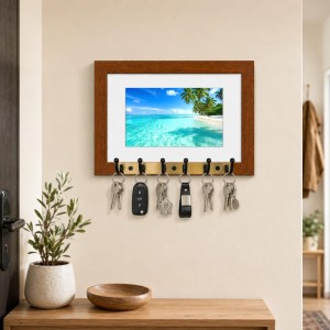 Decorative Wooden Photo Frame Key Hanger With Nature Picture, 12 X 8 Inch Wall Key Holder, 10 X 6 Inch Glossy Photo Frame, 6 Metal Hooks, Home Entrance Decor, Made In India (F38620)