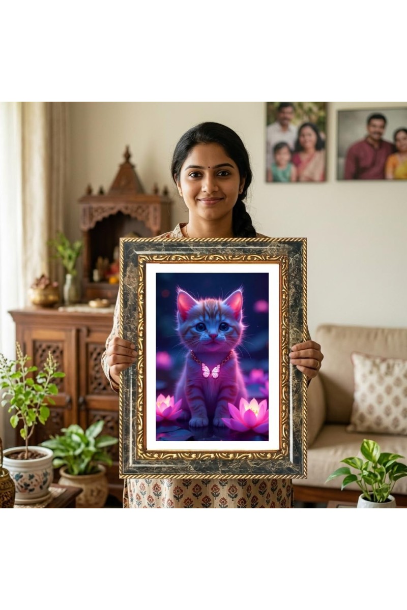 Neon Cat And Butterfly Decorative Photo Frame With White Mount | Premium Wall & Tabletop Picture Frame | Home, Office & Temple Decoration | 8x12 Inch (Pack Of 1) (F31514)