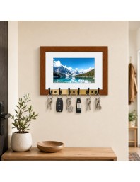 Decorative Wooden Photo Frame Key Hanger With Nature Picture, 12 X 8 Inch Wall Key Holder, 10 X 6 Inch Glossy Photo Frame, 6 Metal Hooks, Home Entrance Decor, Made In India (F38839)