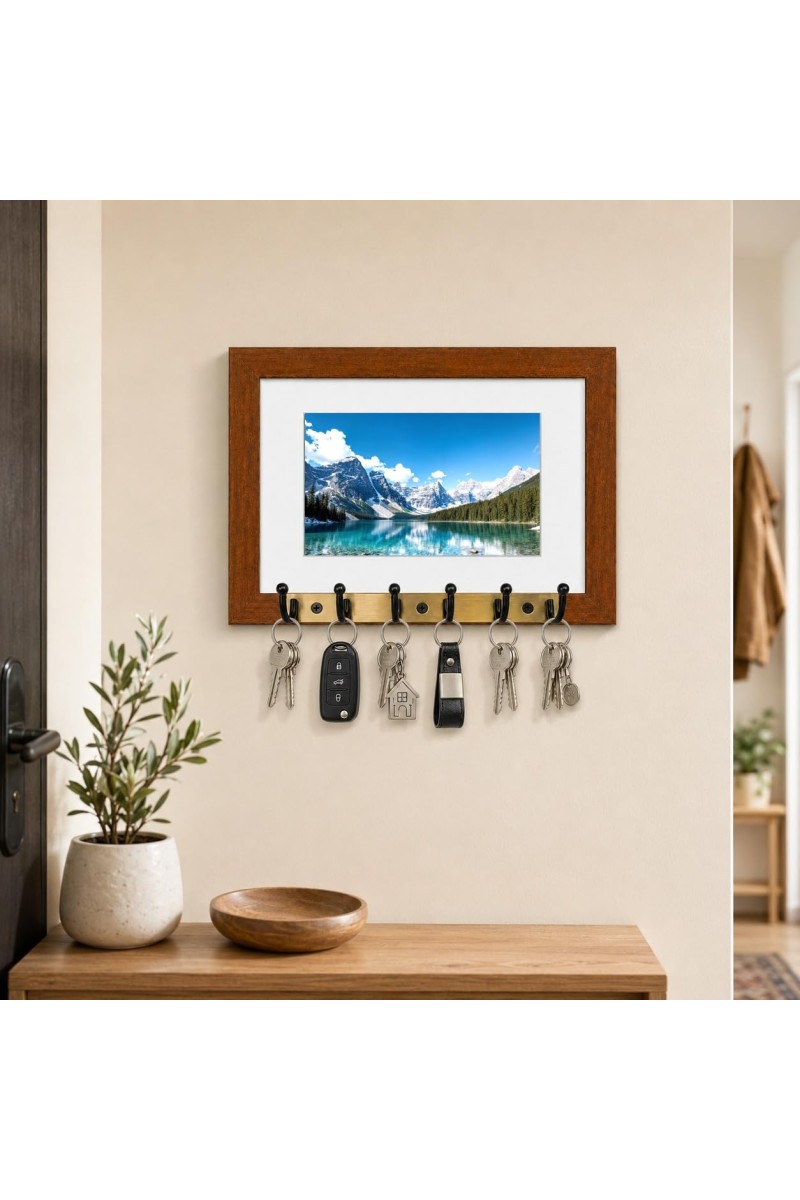 Decorative Wooden Photo Frame Key Hanger With Nature Picture, 12 X 8 Inch Wall Key Holder, 10 X 6 Inch Glossy Photo Frame, 6 Metal Hooks, Home Entrance Decor, Made In India (F38839)