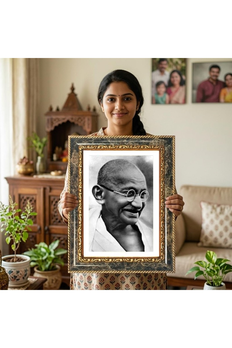 Mahatma Gandhi Decorative Photo Frame With White Mount | Premium Wall & Tabletop Picture Frame | Home, Office & Temple Decoration | 8x12 Inch (Pack Of 1) (F31359)