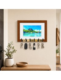 Decorative Wooden Photo Frame Key Hanger With Nature Picture, 12 X 8 Inch Wall Key Holder, 10 X 6 Inch Glossy Photo Frame, 6 Metal Hooks, Home Entrance Decor, Made In India (F38848)