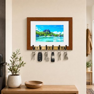 Decorative Wooden Photo Frame Key Hanger With Nature Picture, 12 X 8 Inch Wall Key Holder, 10 X 6 Inch Glossy Photo Frame, 6 Metal Hooks, Home Entrance Decor, Made In India (F38848)