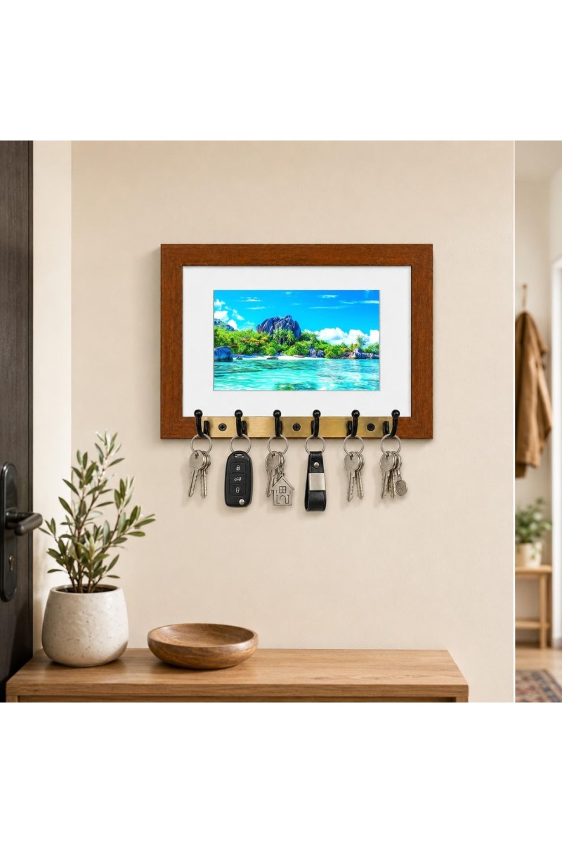 Decorative Wooden Photo Frame Key Hanger With Nature Picture, 12 X 8 Inch Wall Key Holder, 10 X 6 Inch Glossy Photo Frame, 6 Metal Hooks, Home Entrance Decor, Made In India (F38848)