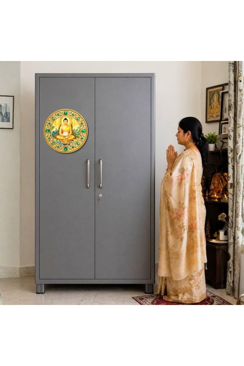 Gautama Buddha Fridge Magnet Wooden | Glossy Sublimation Print | 4x4 Inch | Strong Magnet Back | Decorative Magnet for Fridge, Almirah & Temple Decor (F23765)
