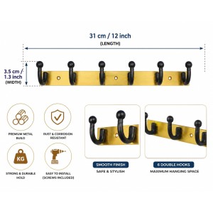 6-Hook Wall Mounted Coat Rack, Heavy Duty Metal Towel & Clothes Hanger with 3 Mounting Screws Included, Multipurpose Wall Hook for Entryway, Bathroom, Bedroom, Kitchen, Office â€“ Black & Gold
