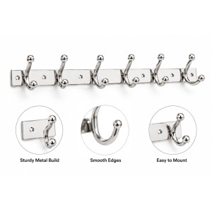 6 Hook Wall Mounted Coat & Towel Hanger Rack |Stainless Steel Clothes Hook Rail | Multipurpose Organizer for Bathroom, Kitchen, Bedroom & Entryway | Rust Resistant | Includes 5 Mounting Screws