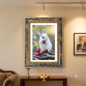 White Rabbit Holding A Red Cherry Decorative Photo Frame With White Mount | Premium Wall & Tabletop Picture Frame | Home, Office & Temple Decoration | 8x12 Inch (Pack Of 1) (F32445)