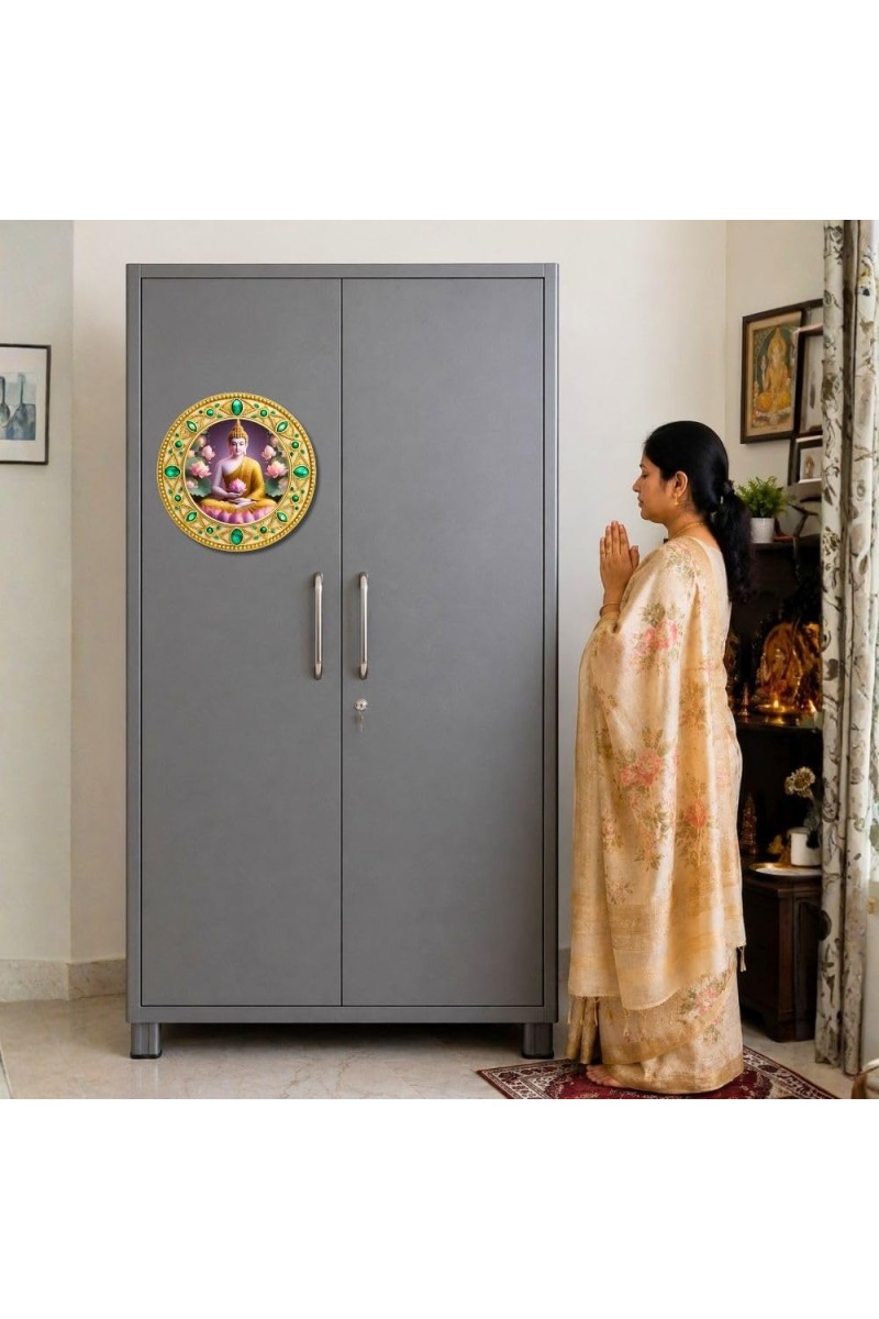 Gautama Buddha Fridge Magnet Wooden | Glossy Sublimation Print | 4x4 Inch | Strong Magnet Back | Decorative Magnet for Fridge, Almirah & Temple Decor (F23741)