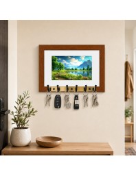 Decorative Wooden Photo Frame Key Hanger With Nature Picture, 12 X 8 Inch Wall Key Holder, 10 X 6 Inch Glossy Photo Frame, 6 Metal Hooks, Home Entrance Decor, Made In India (F38847)
